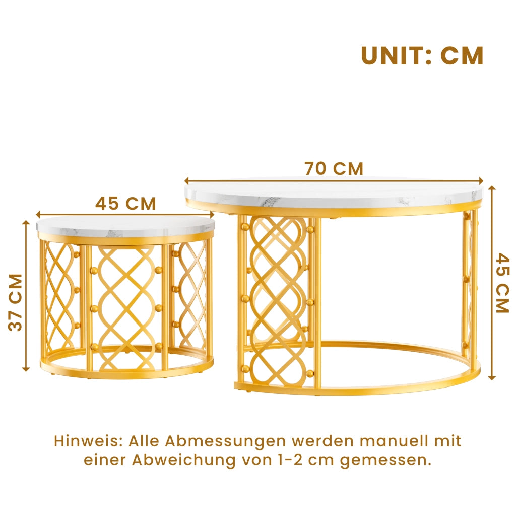 TAVOLINI DA CAFFÈ Set 2 Pezzi 70x70x45 cm Effetto Marmo Bianco con Struttura Color Oro