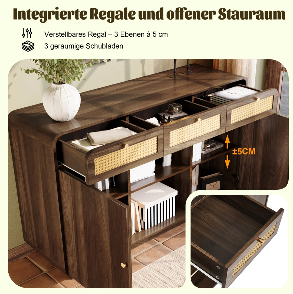 Credenza 120 cm noce con rattan, 3 cassetti e vani