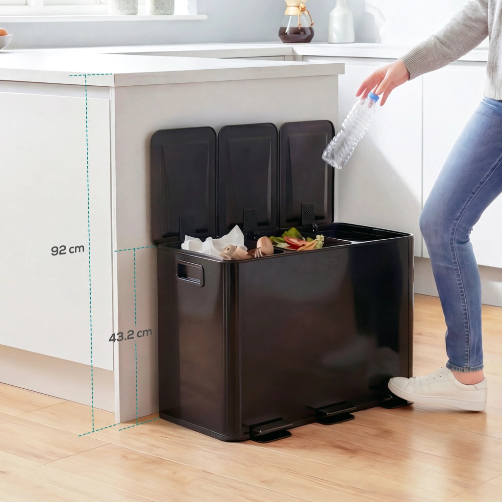 Bidone per la Raccolta Differenziata da Cucina 45L ¨C zephmum ¨C 3 Scompartimenti 15L, Nero