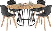 Set Tavolo da Pranzo Rotondo allungabile Yuna con Piano in Legno e Gamba in Filo Metallico 110-150 cm e 4 sedie ROBINE PU Nere