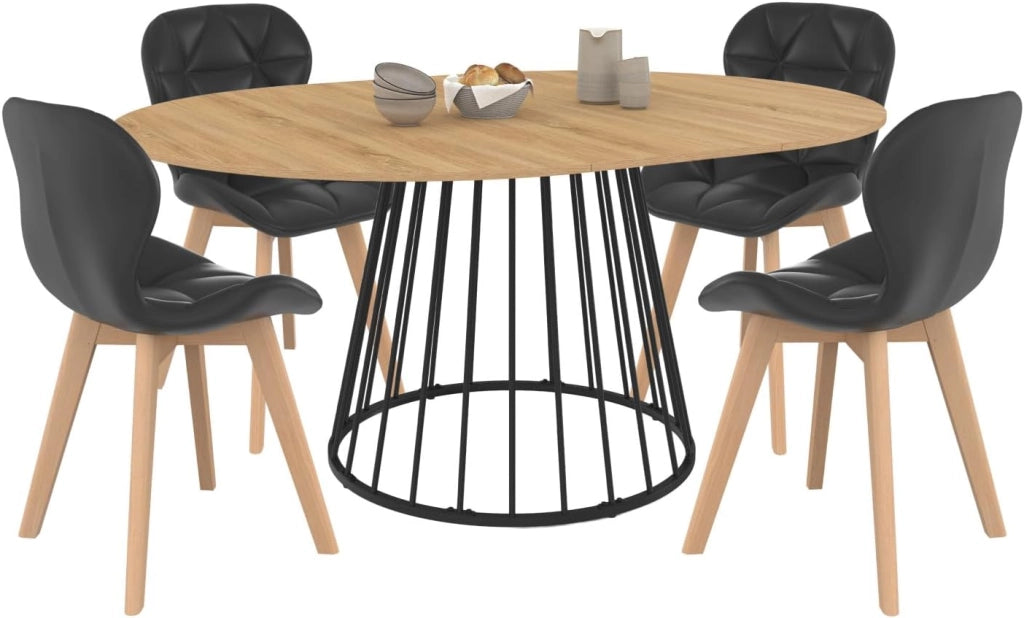 Set Tavolo da Pranzo Rotondo allungabile Yuna con Piano in Legno e Gamba in Filo Metallico 110-150 cm e 4 sedie ROBINE PU Nere