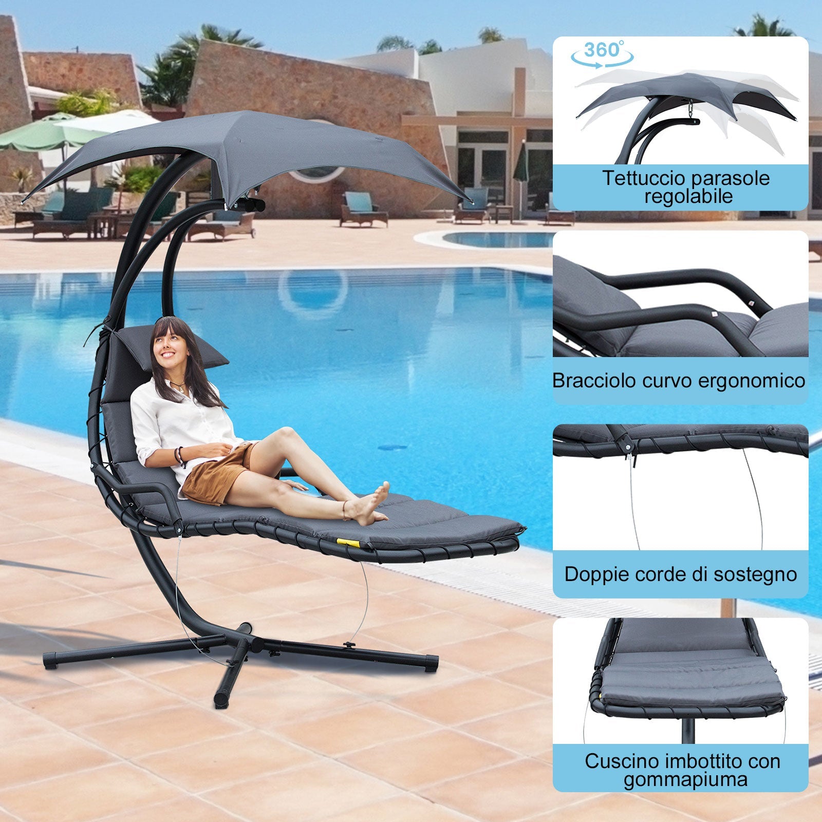 Sedia Dondolo Pensile Relax Chaise Longue con Tettuccio Grigio