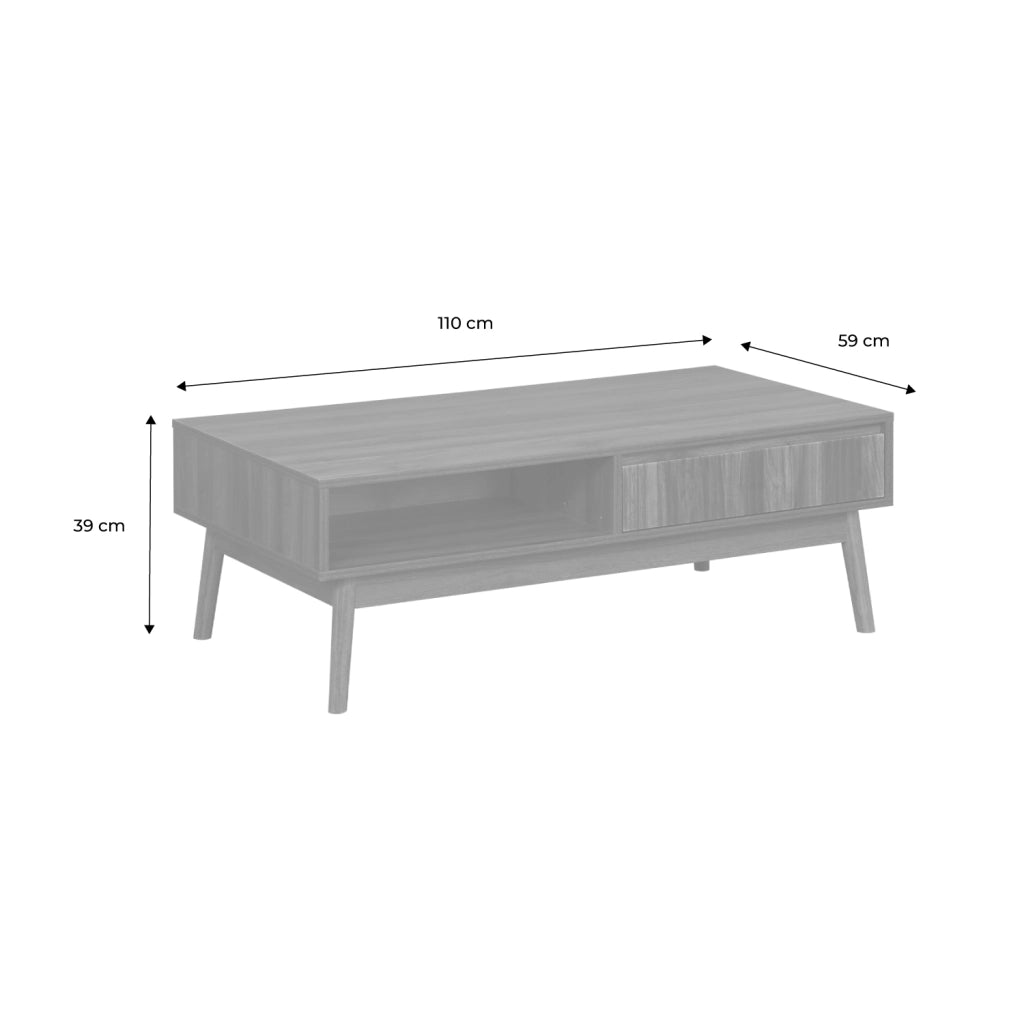 Tavolino scandinavo, decoro in legno scanalato, 2 nicchie, 1 cassetto,