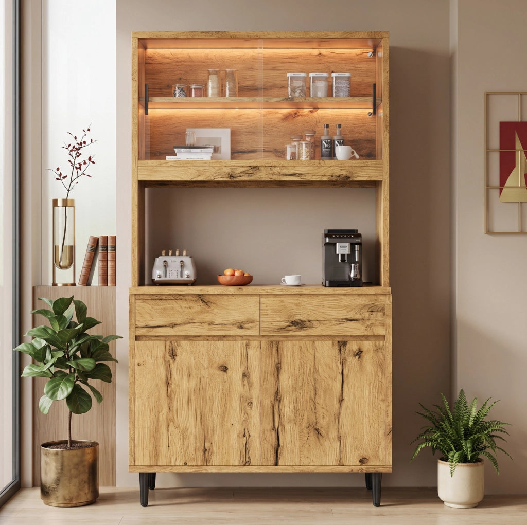 Credenza alta 100x40x185 cm con illuminazione LED; prese USB; truciolato; rovere