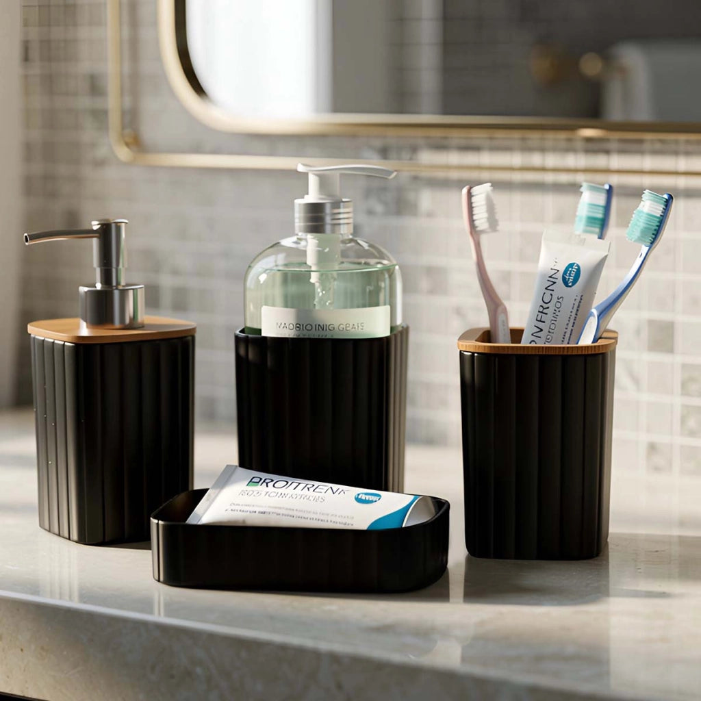 Set di accessori da bagno a 6 pezzi Cestino Dispenser di sapone Nero Avizar