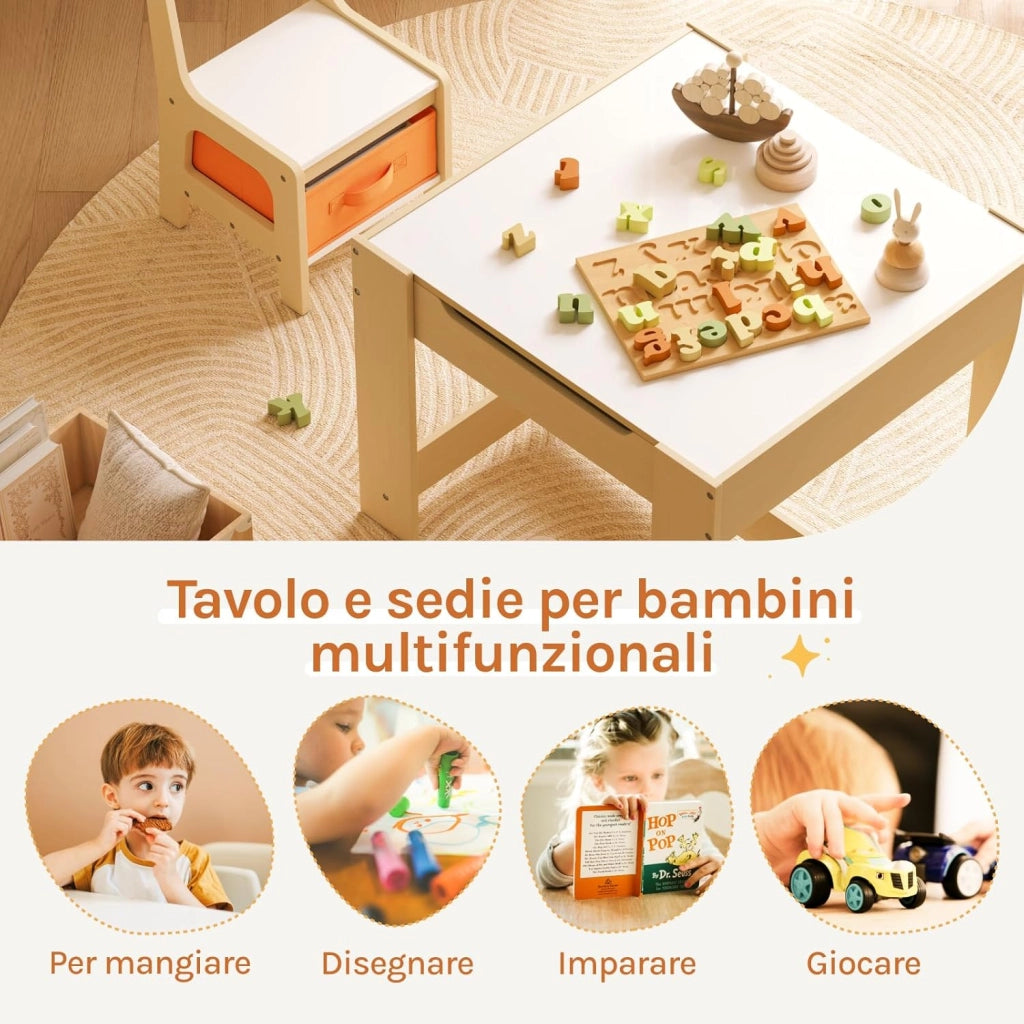 Set Mobili con Lavagna Contenitore Tavolo e Sedie per Bambini Soggiorno Tavolino con 2 Sgabelli in Legno
