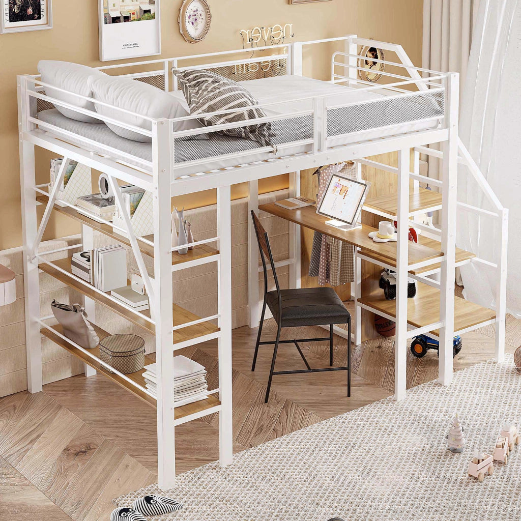 Letto alto bianco in metallo con scrivania armadio e scaffali a tre livelli 140x200 cm