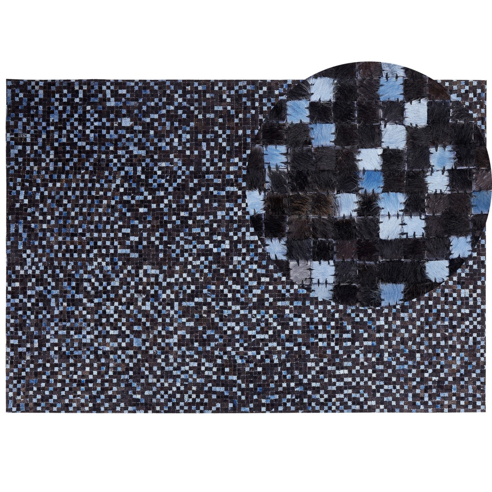 Tappeto tappetino Marrone e Blu in Vera Pelle di Vacchetta Rettangolare 160 x 230 cm Patchwork Boho Decor