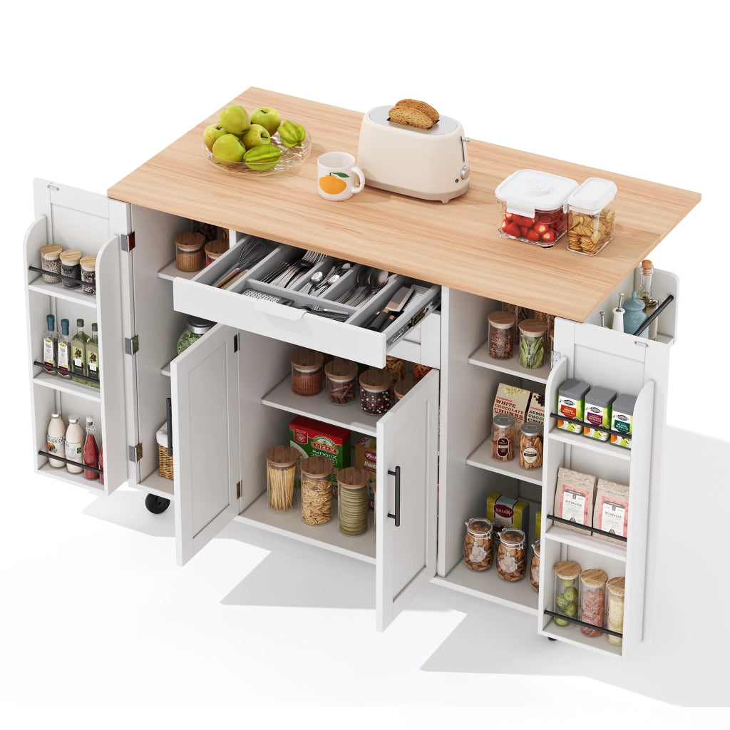 Isola da Cucina Mobile 136x70x92 cm Bianca con Piano Ribaltabile; Cassetto Nascosto; Ripiani e 5 Ruote
