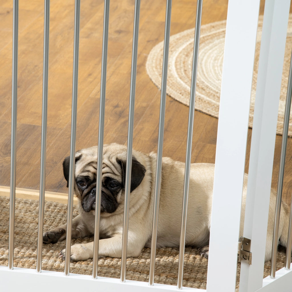 Barriera estensibile a forbice pieghevole per cani in MDF con supporti per porte e scale bianco 154 × 30 × 80 cm