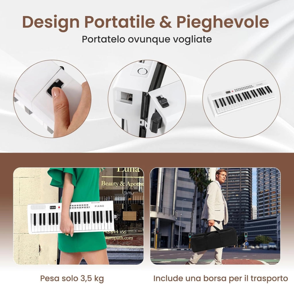 Pianoforte Elettronico Pieghevole a 88 Tasti, Piano Digitale con MIDI, 1000 Ritmi, 1000 Timbri, 150 Canzoni Demo, Registrazione, Batteria e Borsa da Trasporto per Bambini (Bianco)