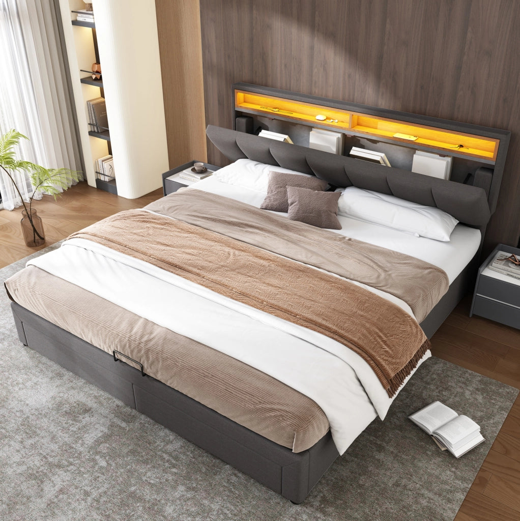 Letto imbottito matrimoniale 160x200 cm con LED; rete a doghe; contenitore; grigio scuro in lino e acciaio