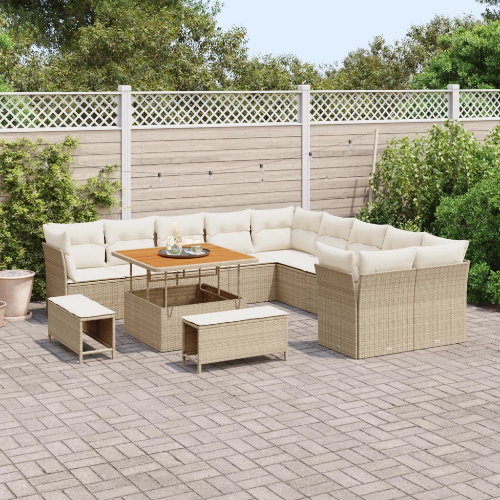 Set Divano da Giardino con Cuscini Beige Poly Rattan Acacia 13 Pezzi