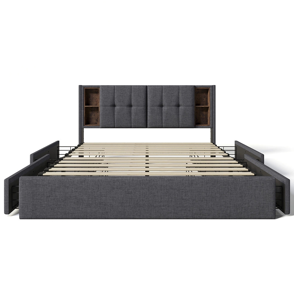 Letto matrimoniale imbottito - Xylo - 160x200 cm - Grigio velluto - 4 cassetti incluso materasso