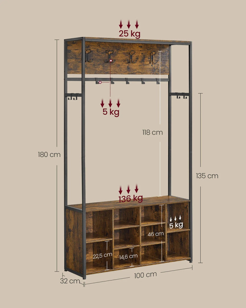 Appendiabiti da ingresso con ripiani per scarpe 32 x 100 x 180 cm ripiani regolabili scomparti aperti stile industriale per ingresso/corridoio marrone 12_0007072