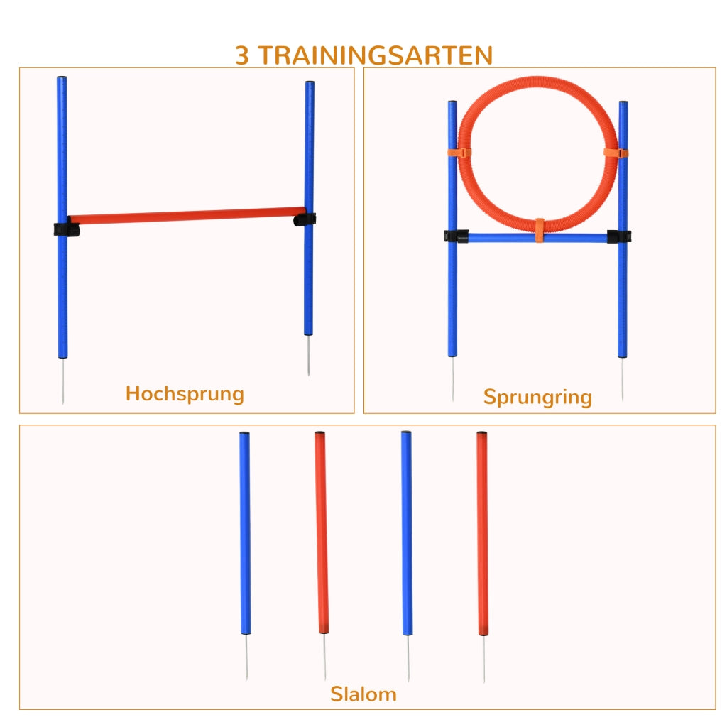 Set Addestramento Agility per Cani 3 in 1 ¨C Xylo ¨C Ostacoli Slalom Cerchio Salto Blu Rosso