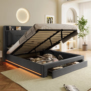 OKWISH Letto Contenitore 140×190 cm, Letto Matrimoniale con Sollevamento Idraulico, 1 Cassetto 2 in 1 e LED Regolabile, senza Materasso, in Velluto, Grigio Scuro