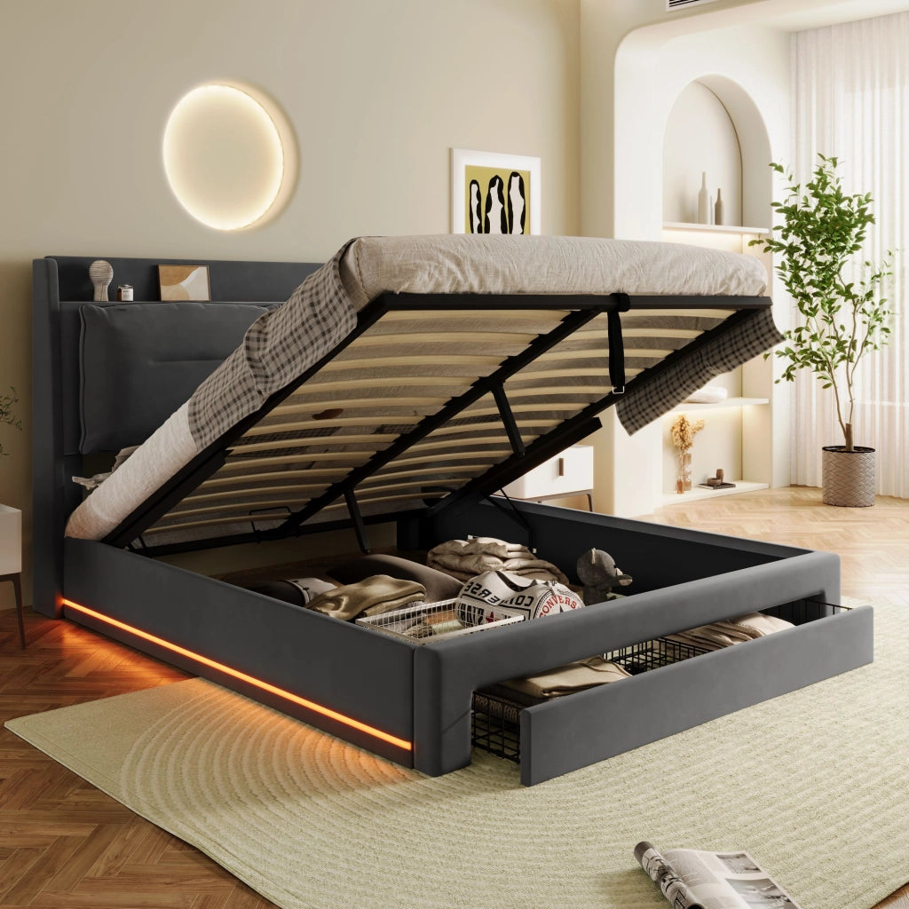 OKWISH Letto Contenitore 140×190 cm, Letto Matrimoniale con Sollevamento Idraulico, 1 Cassetto 2 in 1 e LED Regolabile, senza Materasso, in Velluto, Grigio Scuro