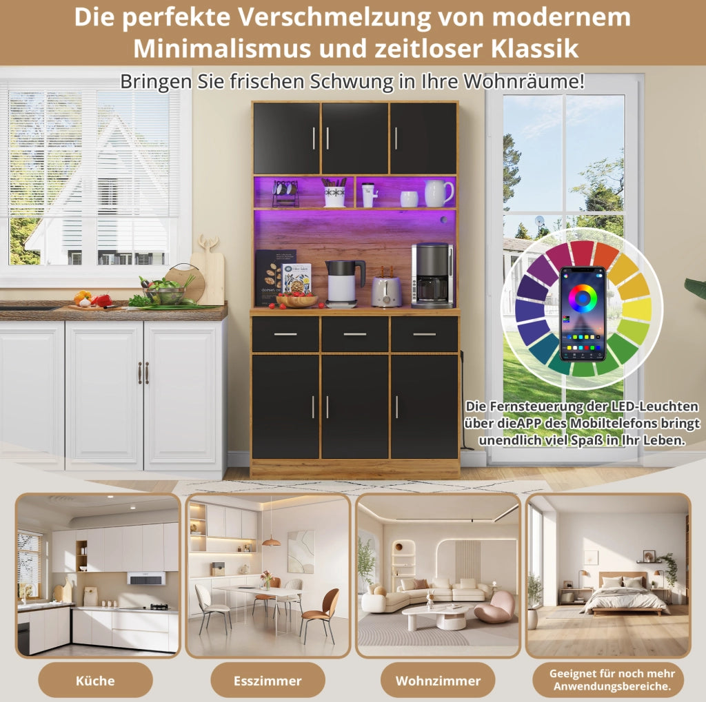 Credenza cucina 100x40x180 cm con LED, prese USB e cassetti