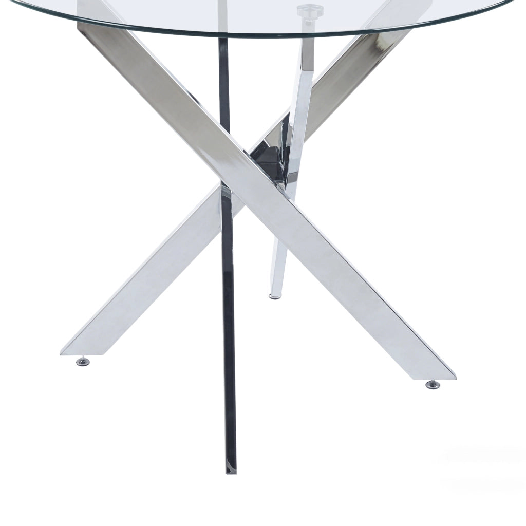 Tavolo da pranzo con piano in vetro e gambe in metallo stabile, per cucina e soggiorno, finitura silver