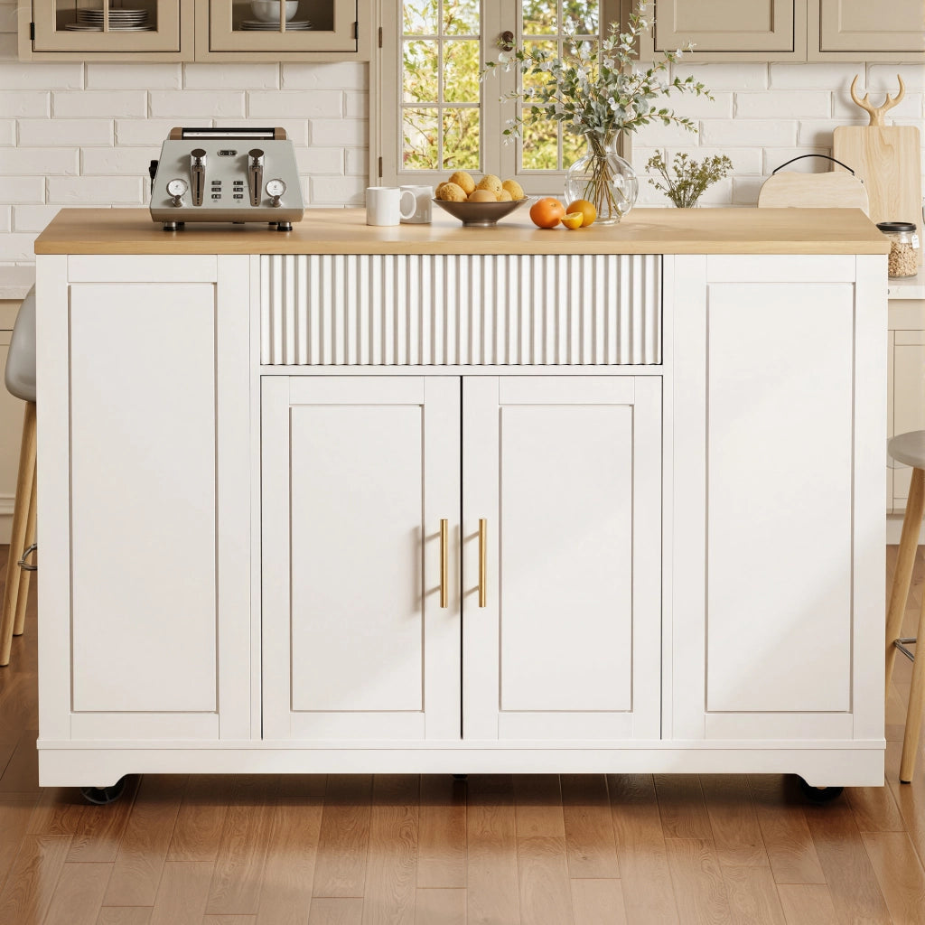 OKWISH Carrello da Cucina con 2 Ante, 3 Cassetti, Vano per Rifiuti e 5 Ruote, per Cucina, 120 × 50 × 92 cm