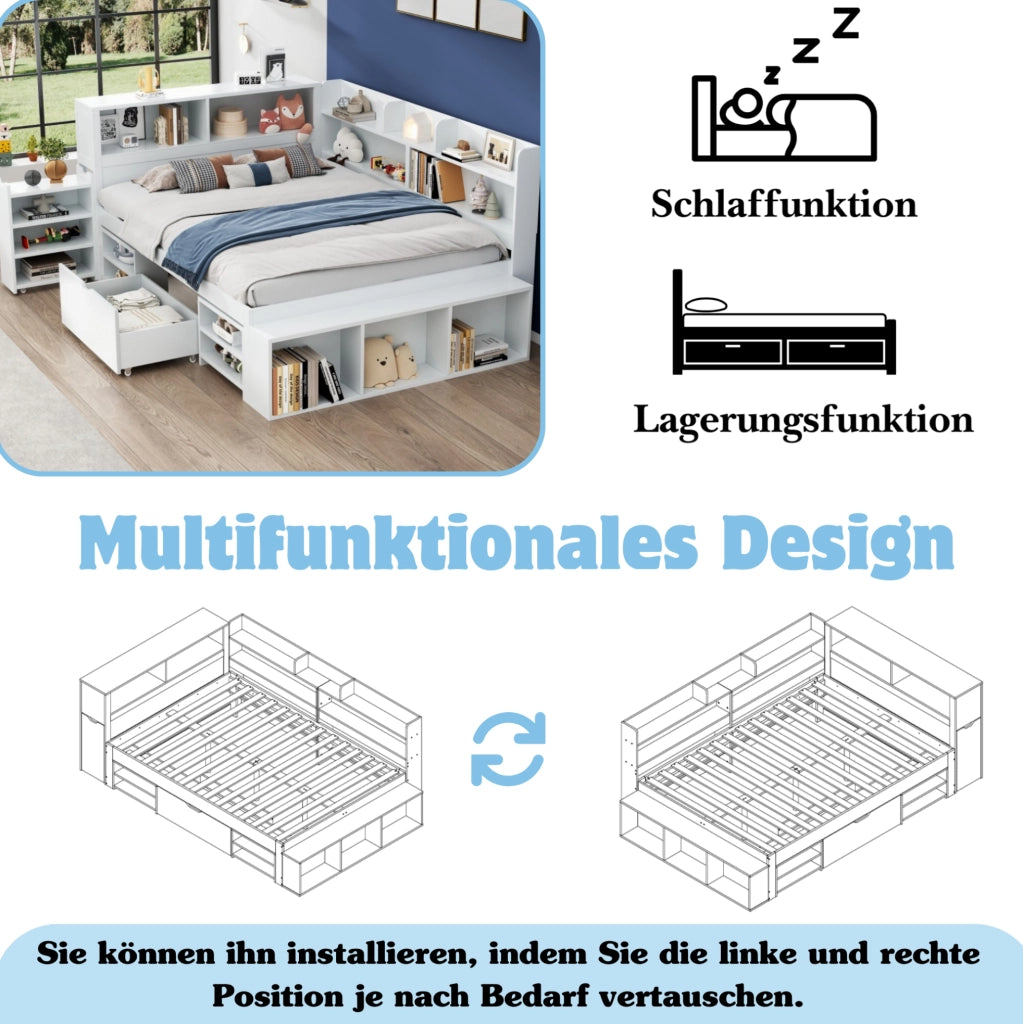 Letto per bambini 140 x 200 cm bianco con cassetti, libreria e armadi