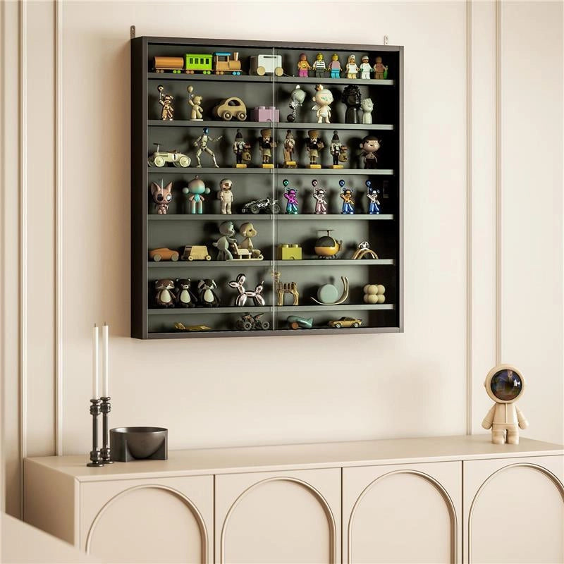 BACHECA PORTAOGGETTI A 6 RIPIANI REGOLABILI IN LEGNO CON ANTE IN VETRO, 80X9.5X83 CM, NERO
