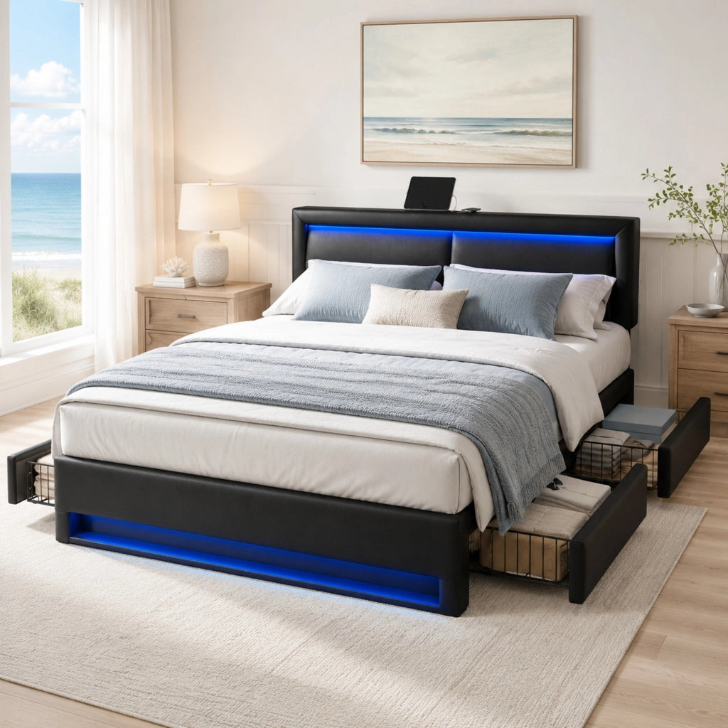 Letto imbottito 140 x 200 cm con USB, illuminazione LED e 4 cassetti, PU nero, senza materasso