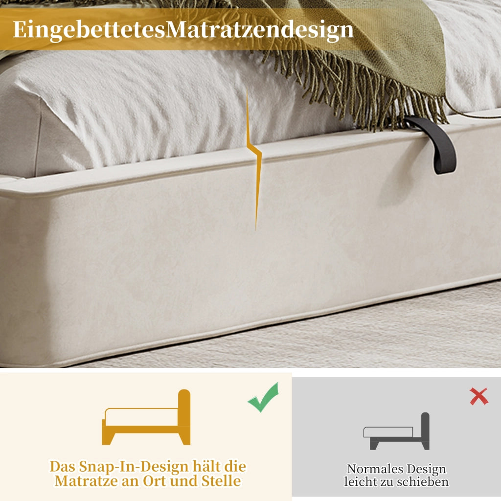 Letto contenitore matrimoniale 160 × 200 cm con testiera imbottita, contenitore idraulico, senza materasso, beige