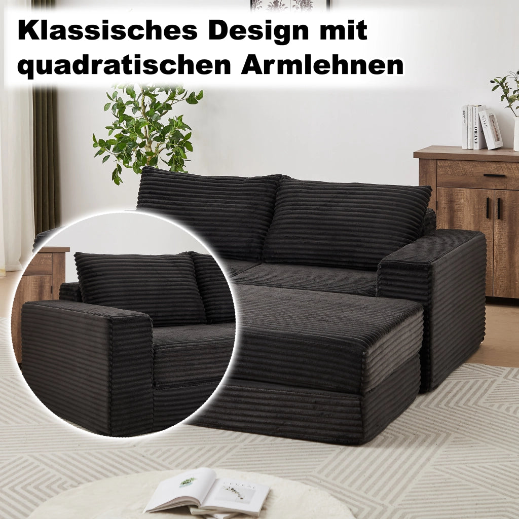 Divano letto modulare con pouf rimovibile, braccioli quadrati e configurazione flessibile in velluto a coste nero