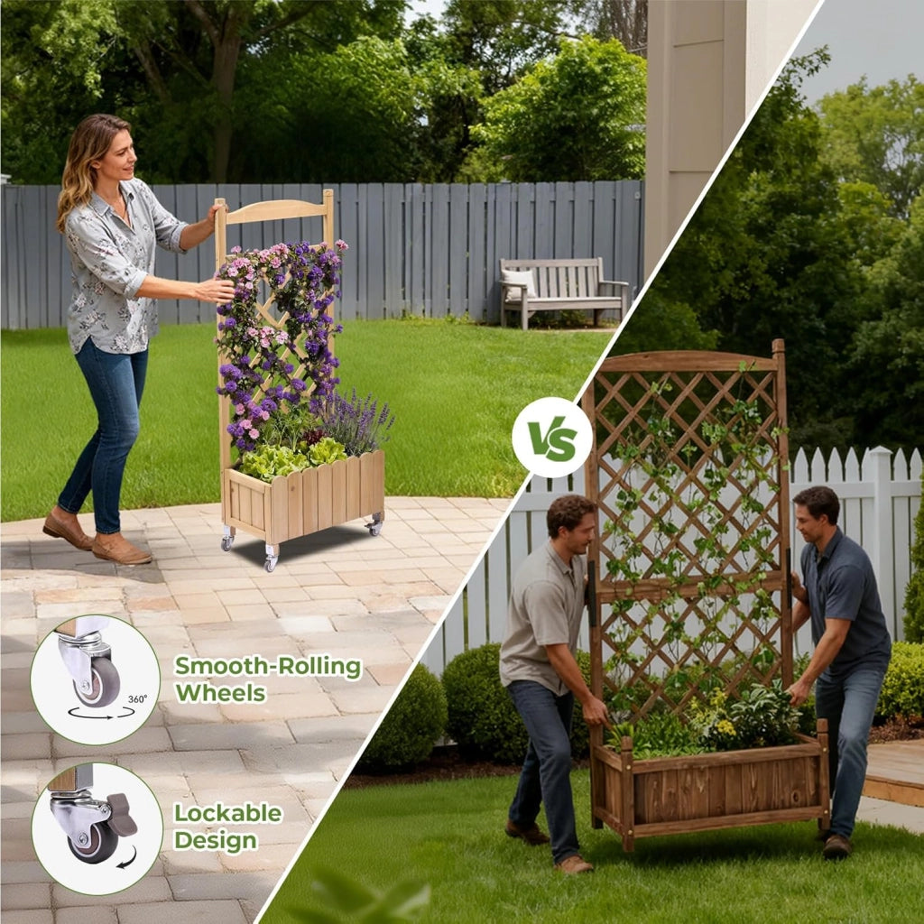 Fioriera in legno con grigliato e ruote, rialzata, resistente alle intemperie con fori di drenaggio, per giardino, balcone e terrazza, 49 x 28 x 116 cm – Marrone chiaro