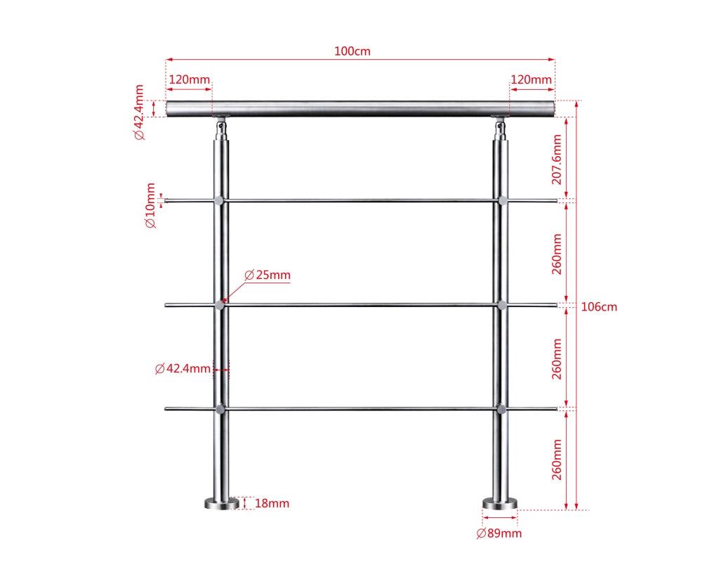 Ringhiera Balaustra Corrimano in acciaio inox spazzolato 100x106cm per interni ed esterni 3 barre trasversali