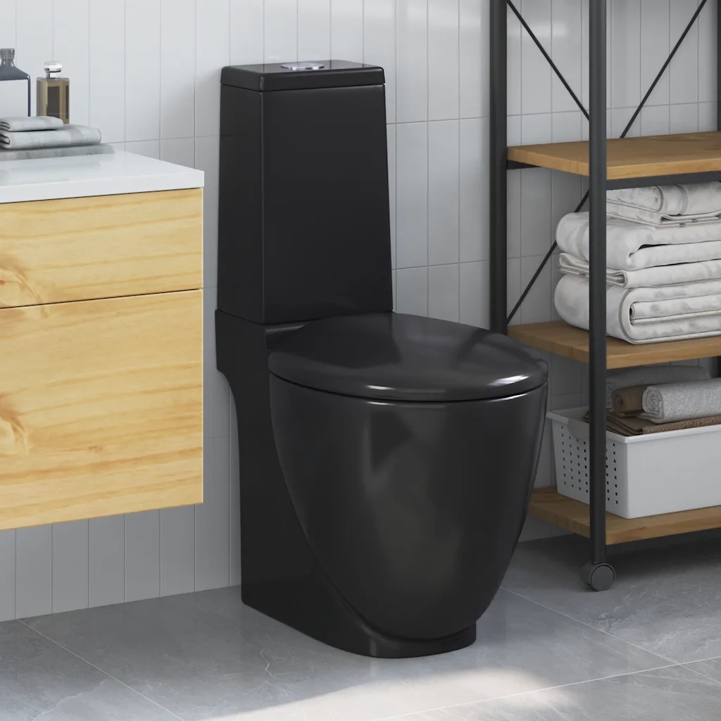 Vaso WC in Ceramica da Bagno Rotondo Base con Scarico Nero 3059889
