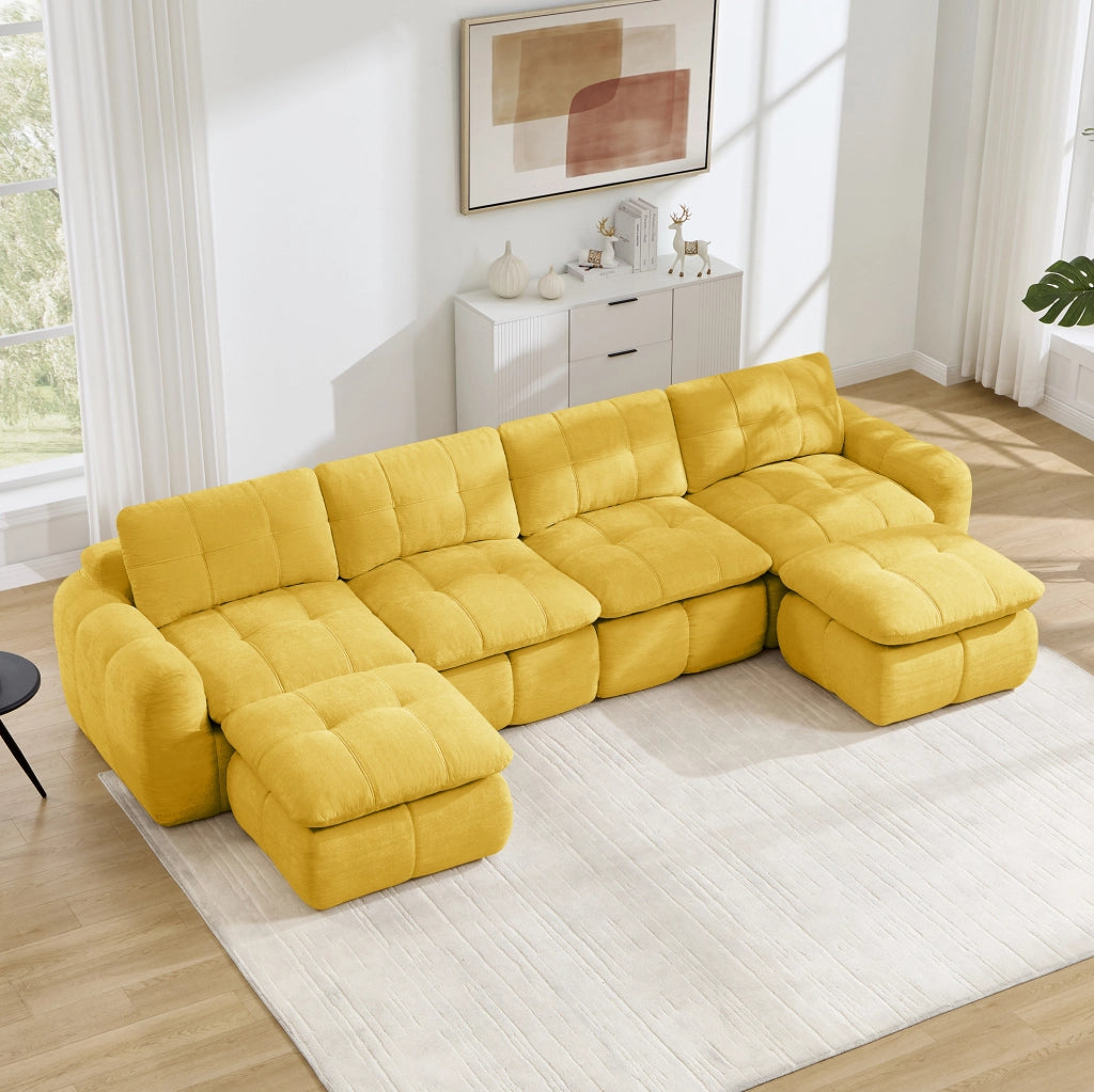 Divano modulare a U in chenille gialla 334x160x68 cm; design trapuntato e senza montaggio