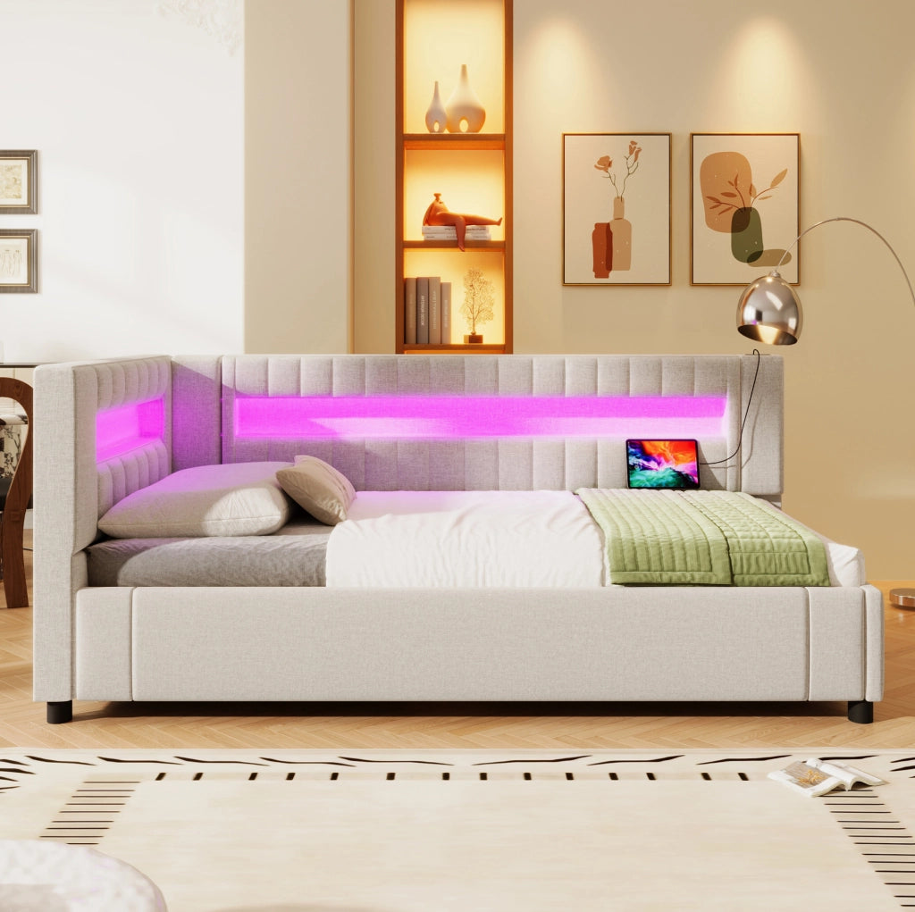 Letto da giorno 90x200 cm con LED; contenitore idraulico; USB e Type-C in lino beige