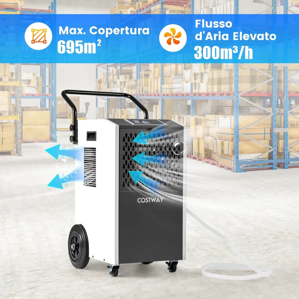 Deumidificatore Casa, Deumidificatore Elettrico con Tubo di Scarico e Timer, Portatile con Ruote per Cantina, Magazzino, Fabbrica e Grandi Spazi fino a 695 m³ (Bianco)