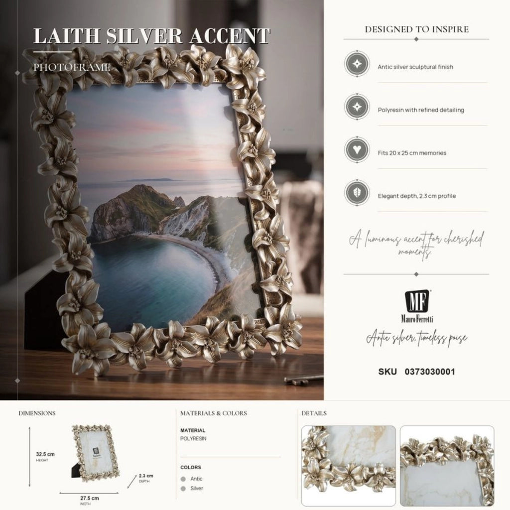 Cornice portafoto Glamour con decoro floreale in argento antico