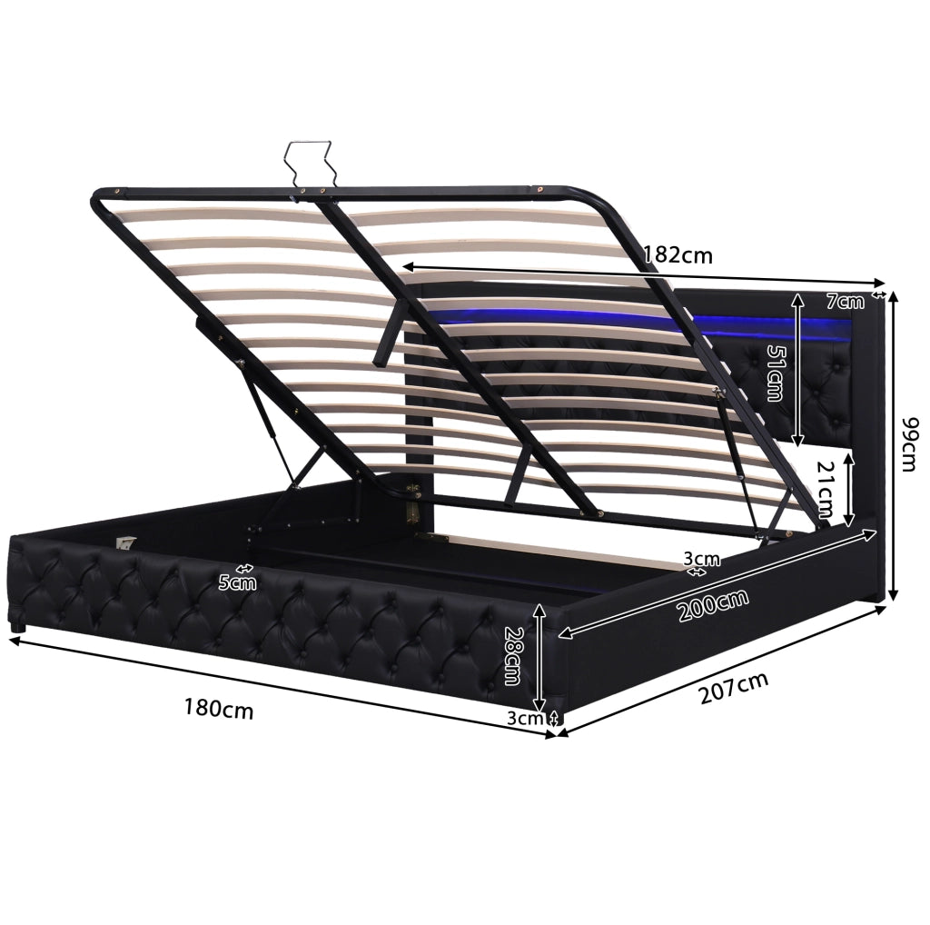 Letto imbottito 180x200 cm in PU nero con LED e vano contenitore