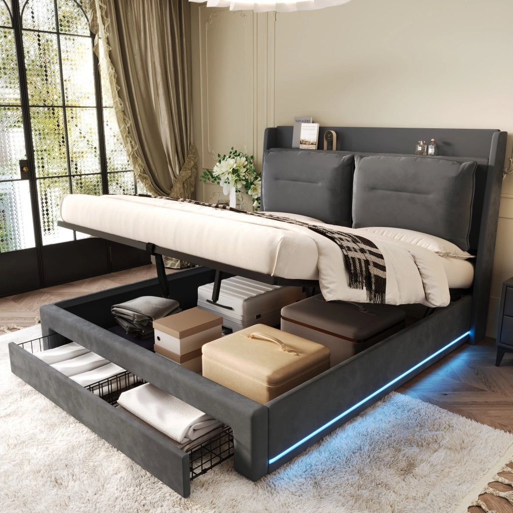 OKWISH Letto Contenitore 140×190 cm, Letto Matrimoniale con Sollevamento Idraulico, 1 Cassetto 2 in 1 e LED Regolabile, senza Materasso, in Velluto, Grigio Scuro