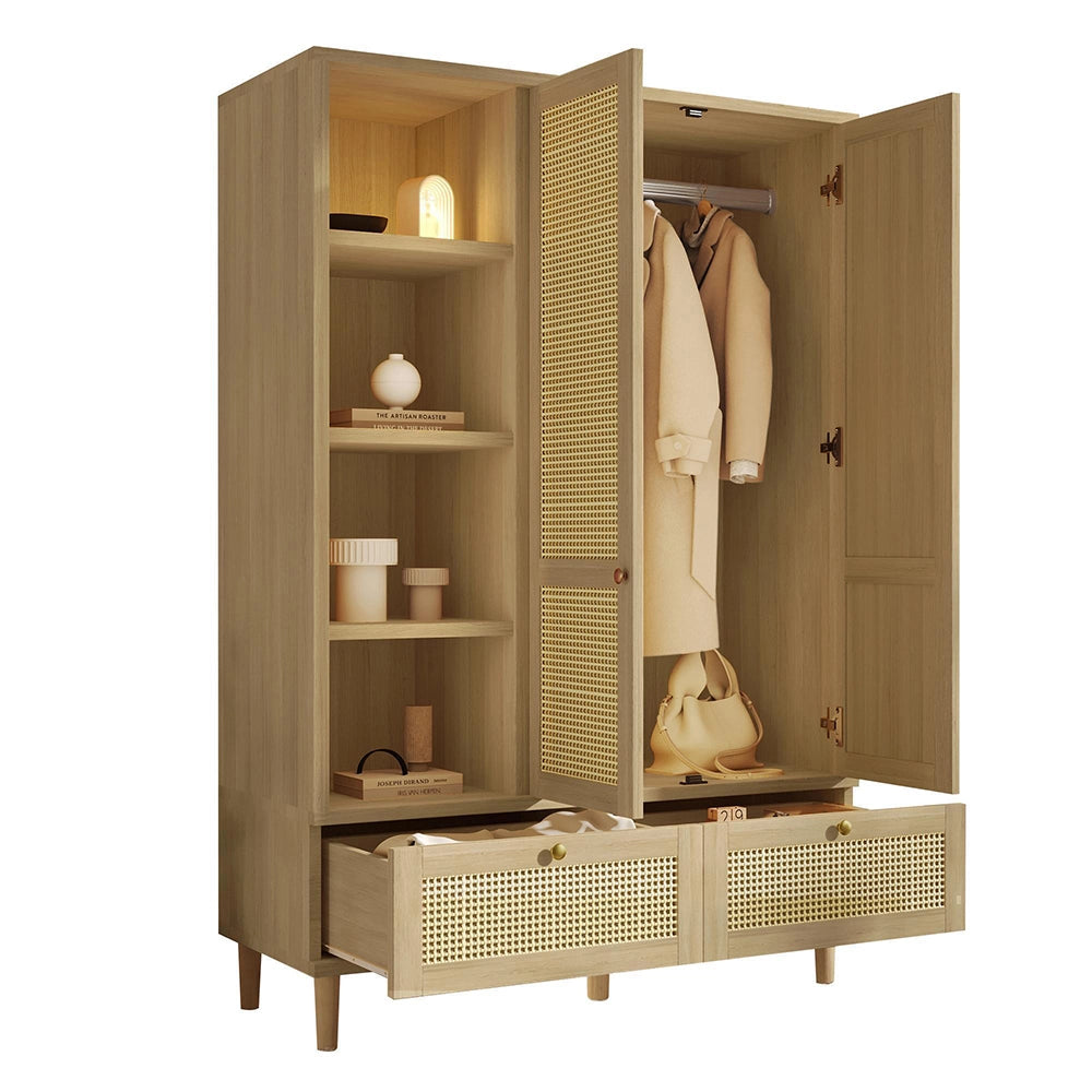 Armadio guardaroba con 2 ante e intreccio in rattan - Xylo - Stile cottage aspetto quercia, 2 cassetti, antiribaltamento, 180x120x50 cm