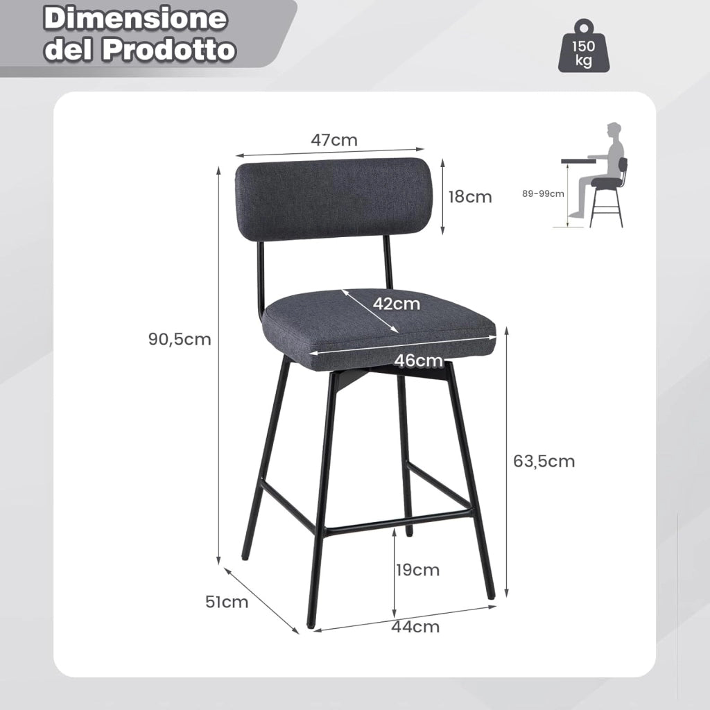 Set di 2 Sgabelli da Bar Girevoli a 360°, Sgabelli da Cucina con Schienale, Poggiapiedi, Sedia Alta Moderna Imbottita Struttura in Metallo, Altezza 90,5 cm, Capacità di 150 kg (Grigio)