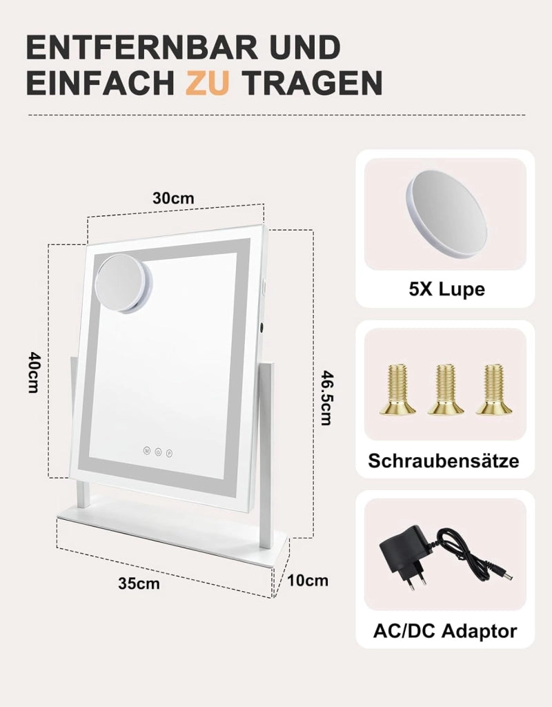 ZMH Specchio per il trucco illuminato a LED 30x40cm 3 modalit¨¤ di illuminazione regolabili con una semplice pressione
