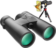 Binocolo HD 10x42 per Adulti - Impermeabile, Vista Chiara anche in Condizioni di Bassa Luminosità, Incluso Adattatore per Smartphone e Stativo