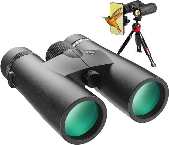 Binocolo HD 10x42 per Adulti - Impermeabile, Vista Chiara anche in Condizioni di Bassa Luminosità, Incluso Adattatore per Smartphone e Stativo