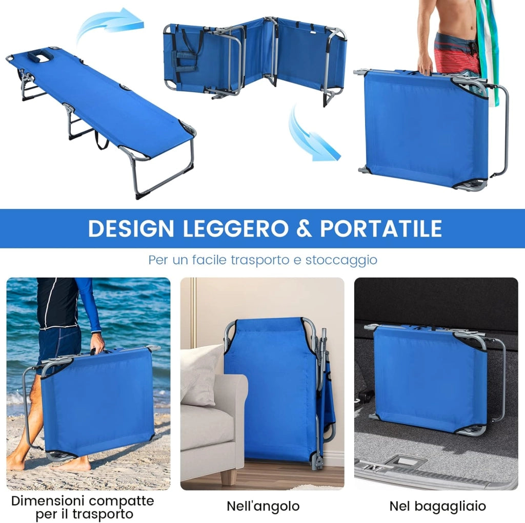Lettino Prendisole Pieghevole, Sedia a Sdraio da Giardino con Foro per il Viso e Cuscini, Schienale Reclinabile, per Spiaggia Patio Piscina (Blu)