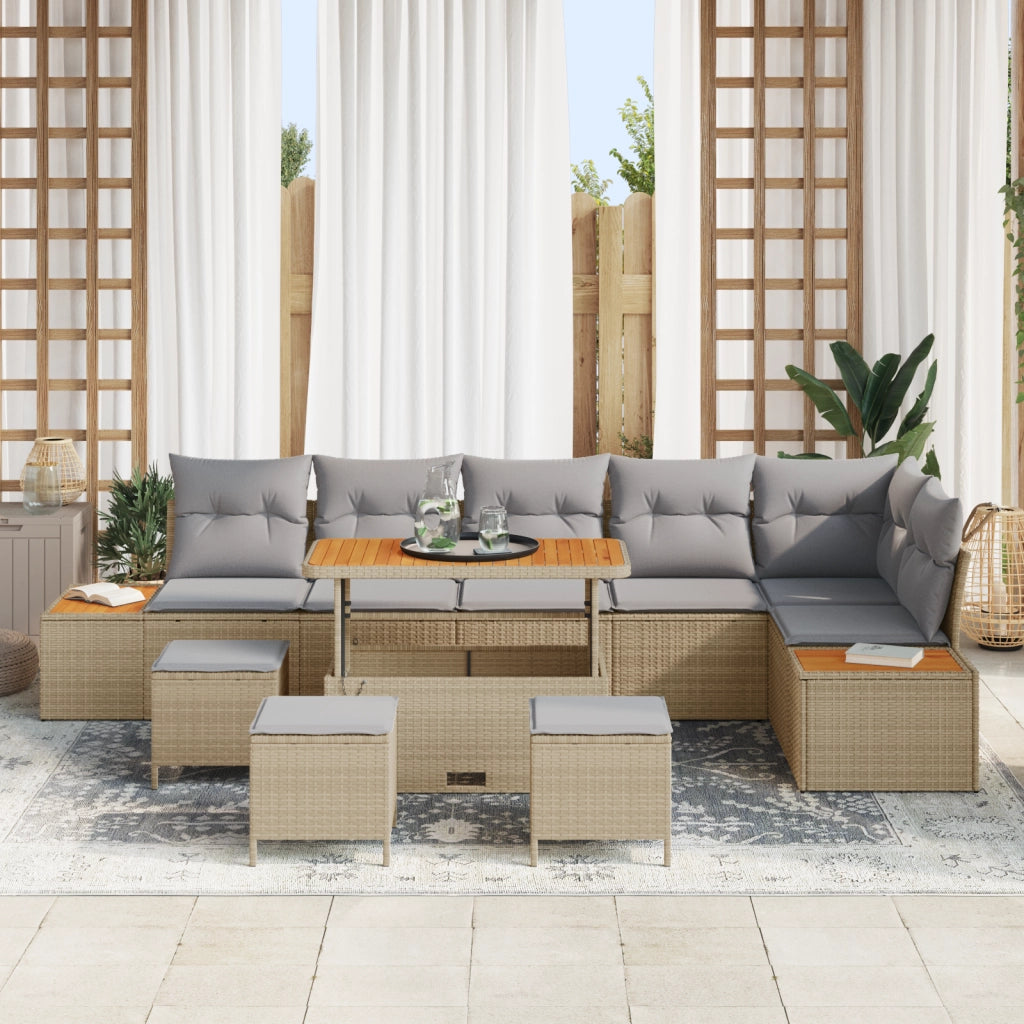 Set di 10 Pezzi Divani da Giardino con Cuscini Beige Polyrattan Acacia