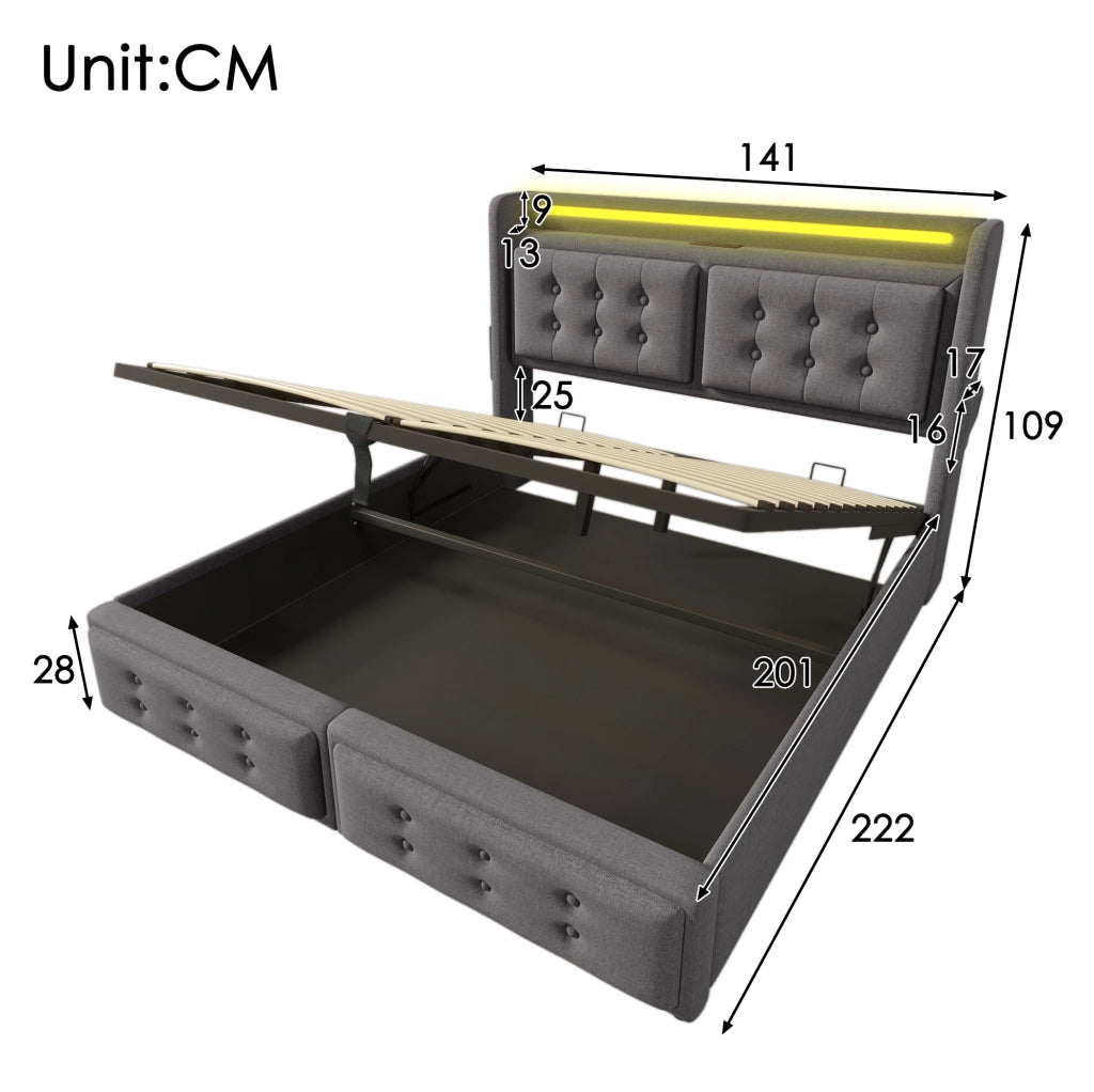 Letto matrimoniale 140x200 cm con testiera LED; prese USB e contenitore; grigio