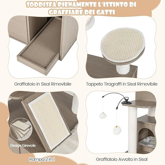 Albero per Gatti con Mobile per Lettiera, Torre per Gatti Moderna 2-in-1 con Doppie Cucce, Piattaforma Superiore, Pali in Sisal, Tiragraffi, Rampino, Piattaforma e Palline, Grigio