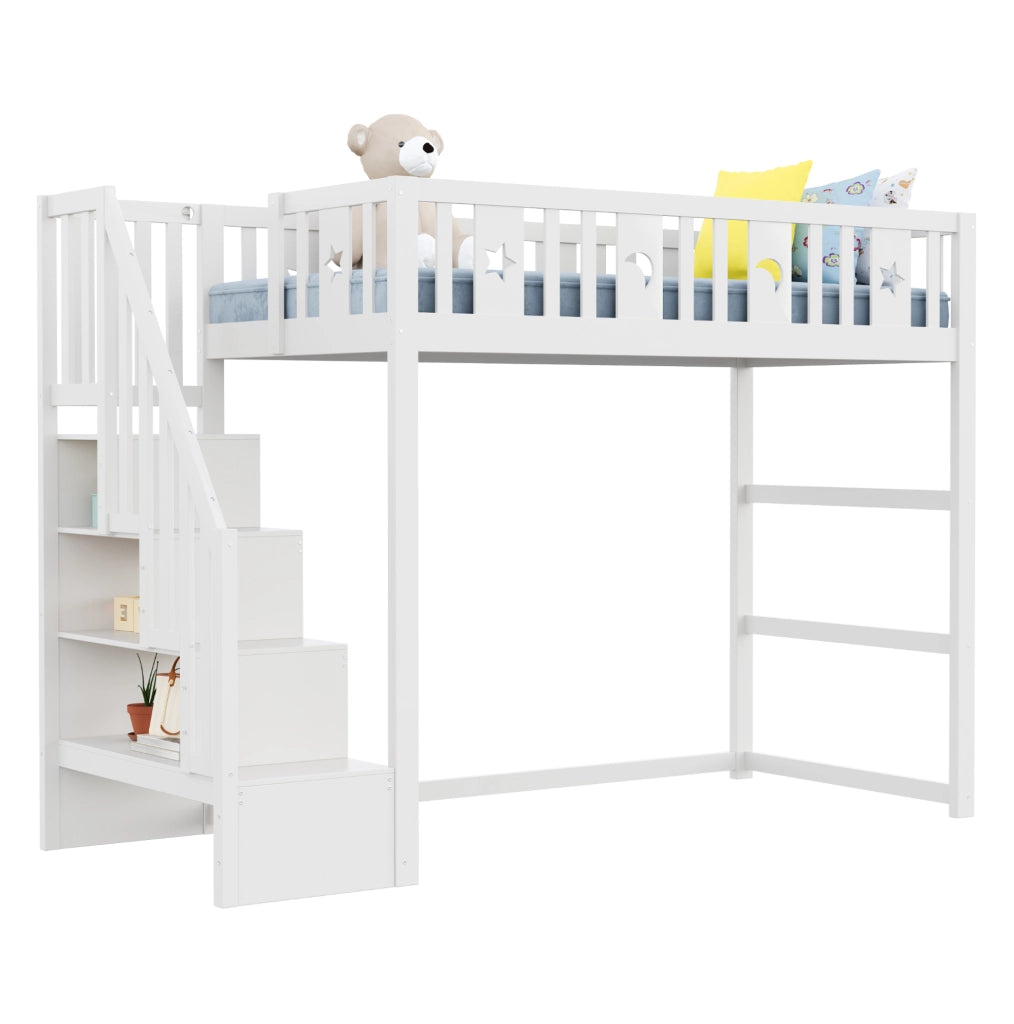 Letto a soppalco 90x200 cm con scala e ripiani; area divano; bianco
