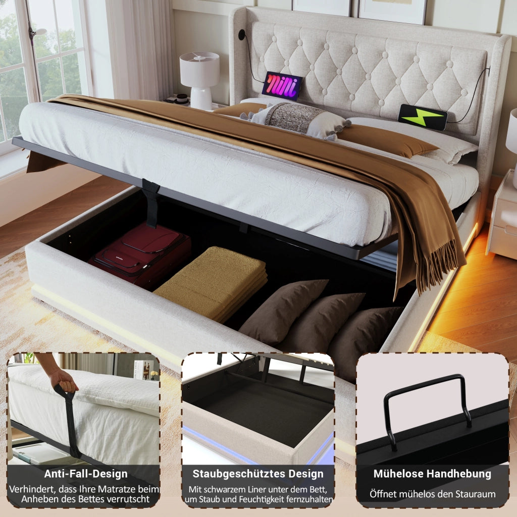 OKWISH Letto Contenitore 160×200 cm, Letto Matrimoniale con USB, Tipo C, LED Regolabile e Testiera Imbottita, senza Materasso, Cotone, Beige